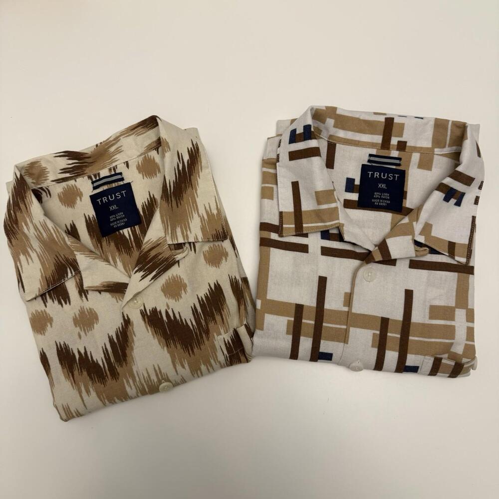Trust Mens XXL Linen Rayon Blend Short Sleeve Camp Collar Shirt 2-Pack Brown Tan